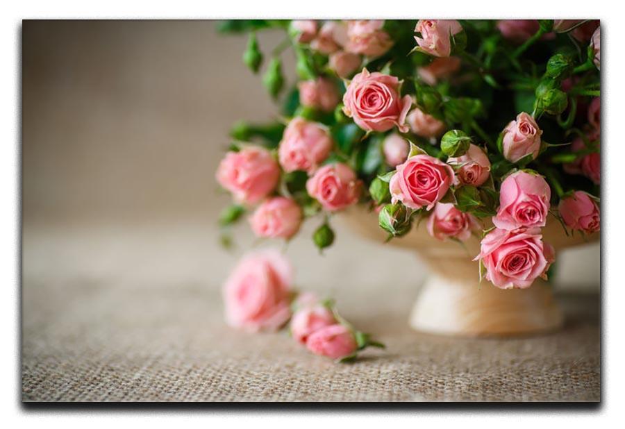 Pink roses on an old table of burlap Canvas Print or Poster  - Canvas Art Rocks - 1