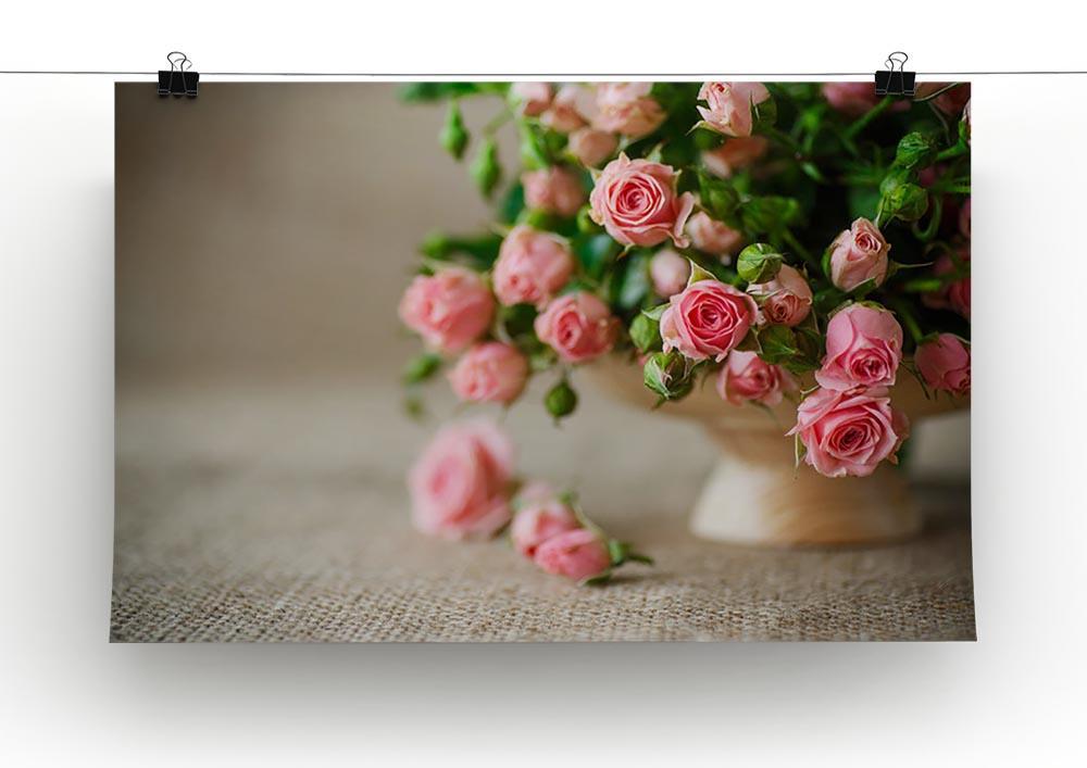 Pink roses on an old table of burlap Canvas Print or Poster - Canvas Art Rocks - 2
