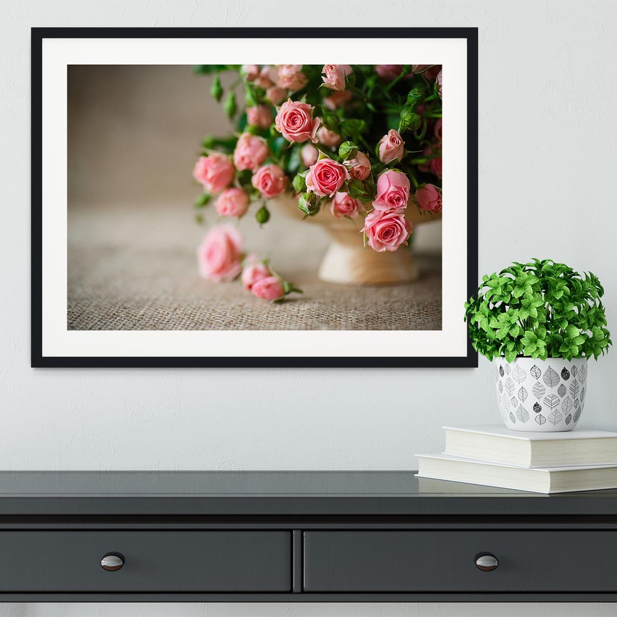 Pink roses on an old table of burlap Framed Print - Canvas Art Rocks - 1