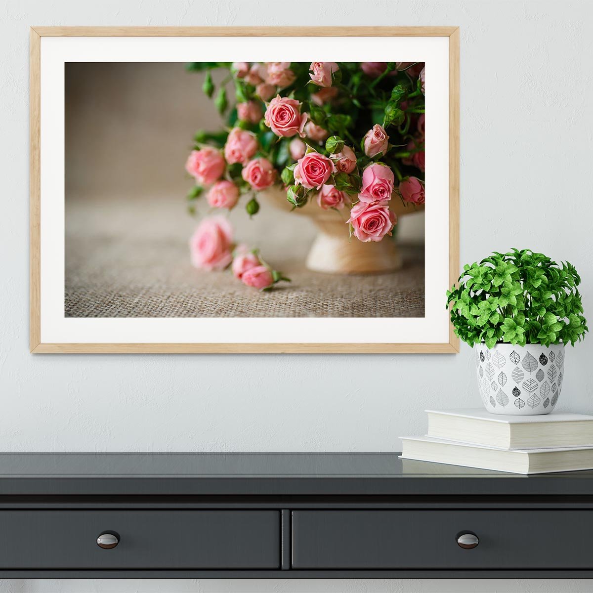 Pink roses on an old table of burlap Framed Print - Canvas Art Rocks - 3