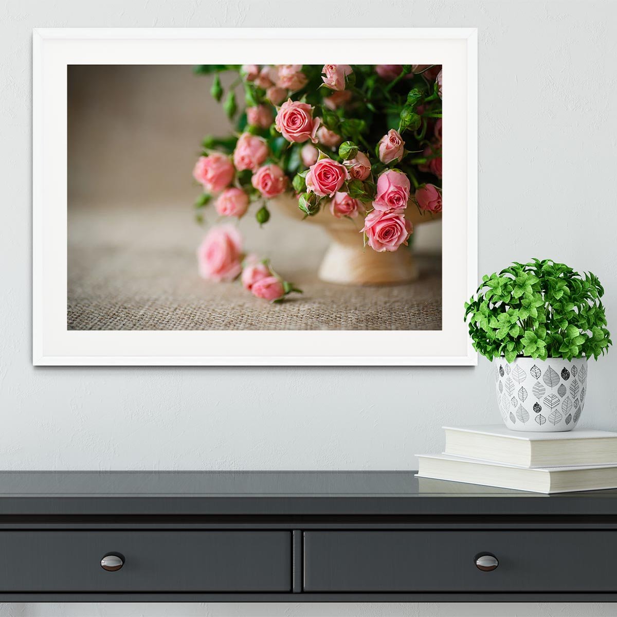 Pink roses on an old table of burlap Framed Print - Canvas Art Rocks - 5