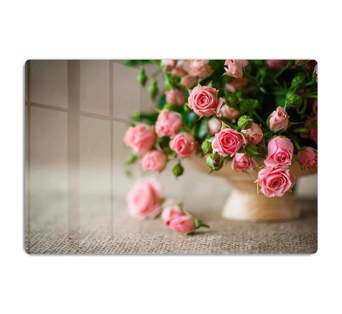 Pink roses on an old table of burlap HD Metal Print