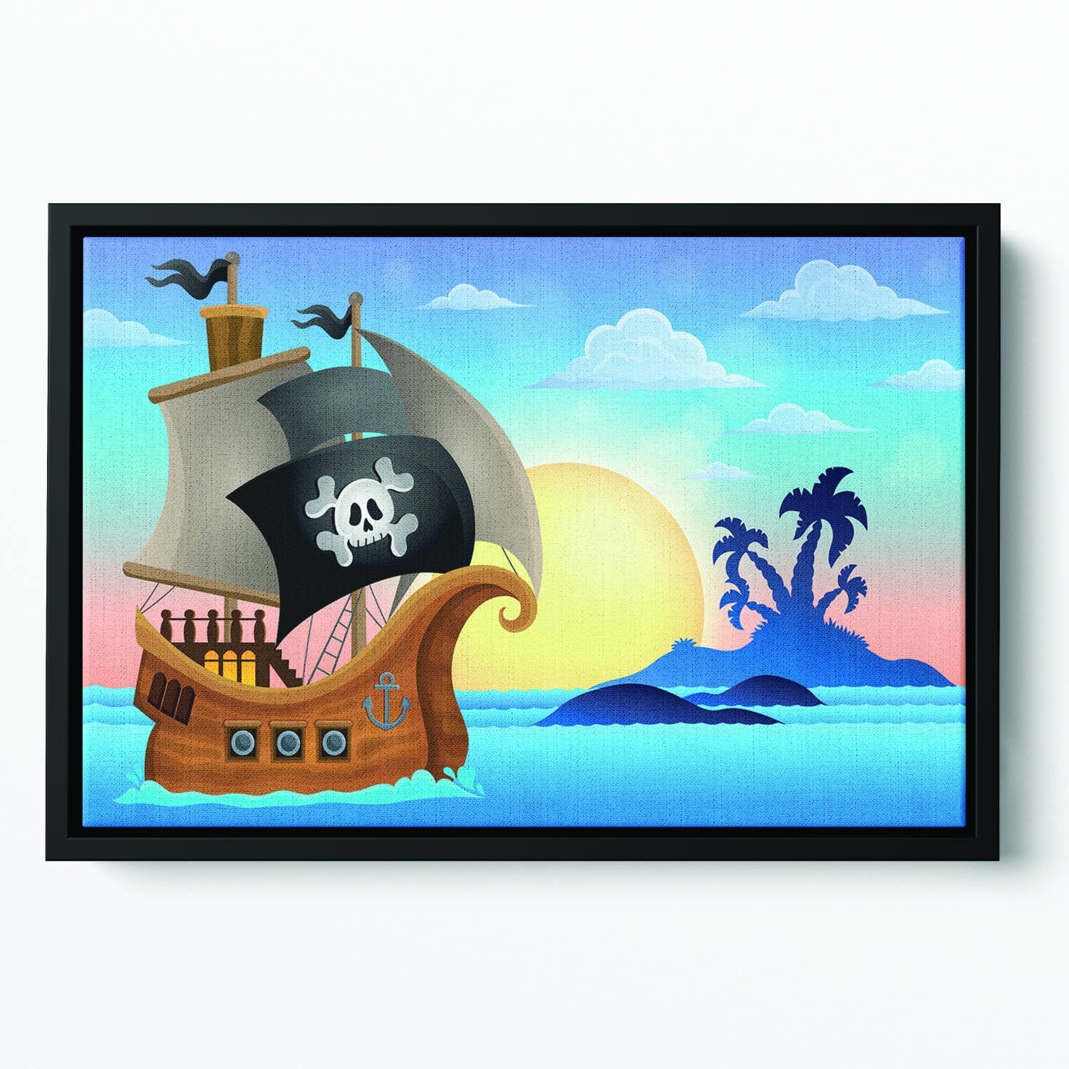Pirate ship near small island 4 Floating Framed Canvas