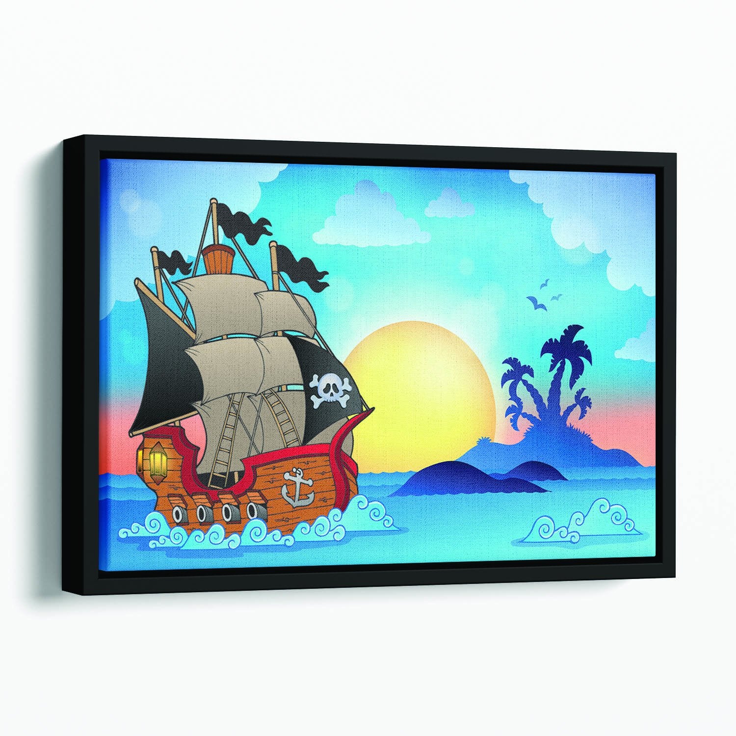 Pirate ship near small island Floating Framed Canvas