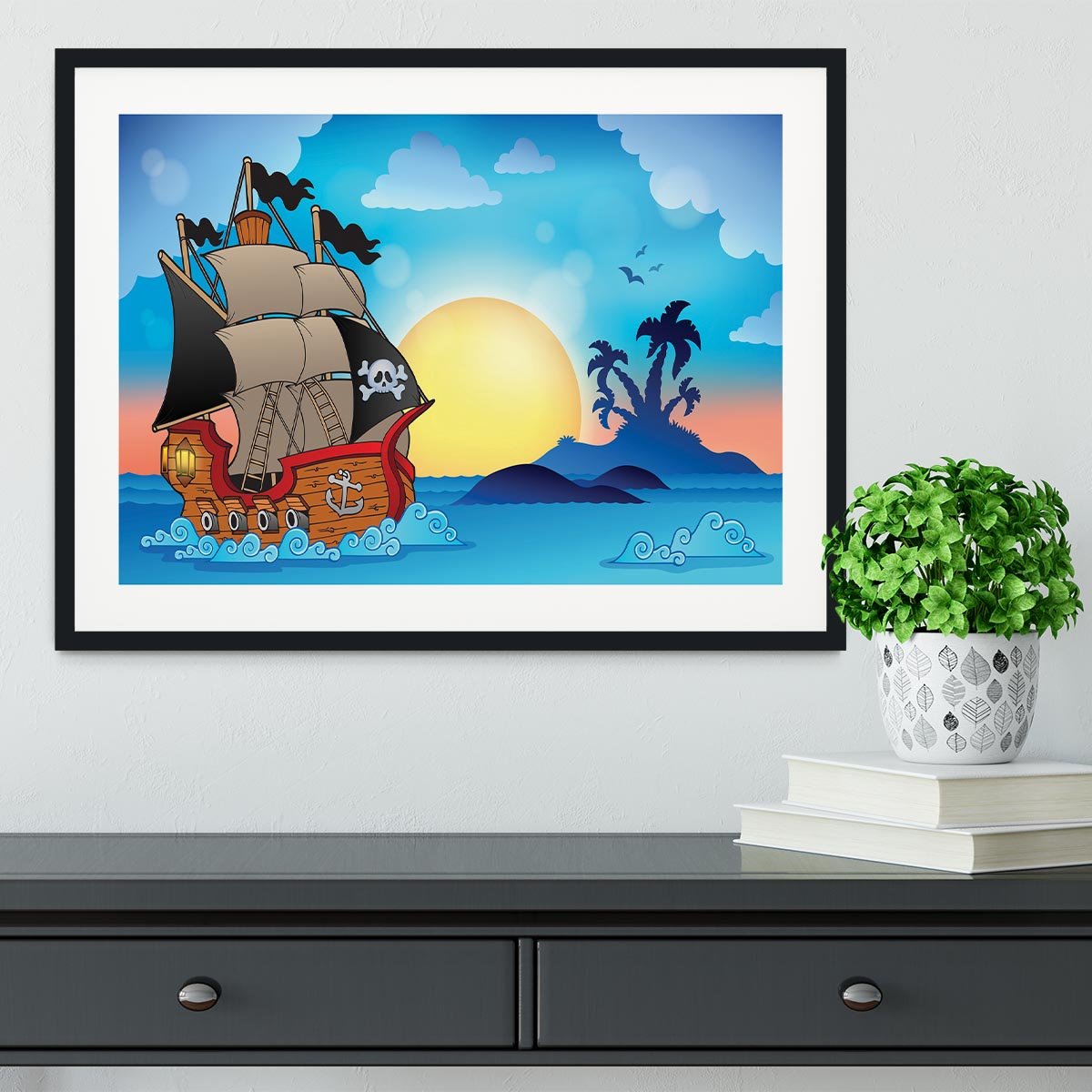 Pirate ship near small island Framed Print - Canvas Art Rocks - 1