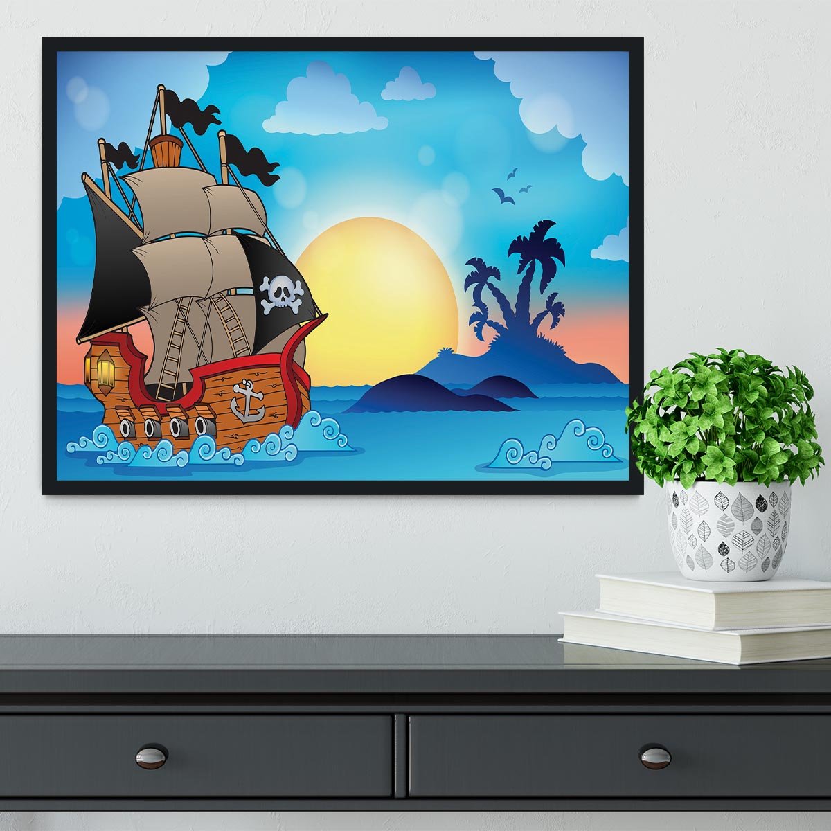 Pirate ship near small island Framed Print - Canvas Art Rocks - 2