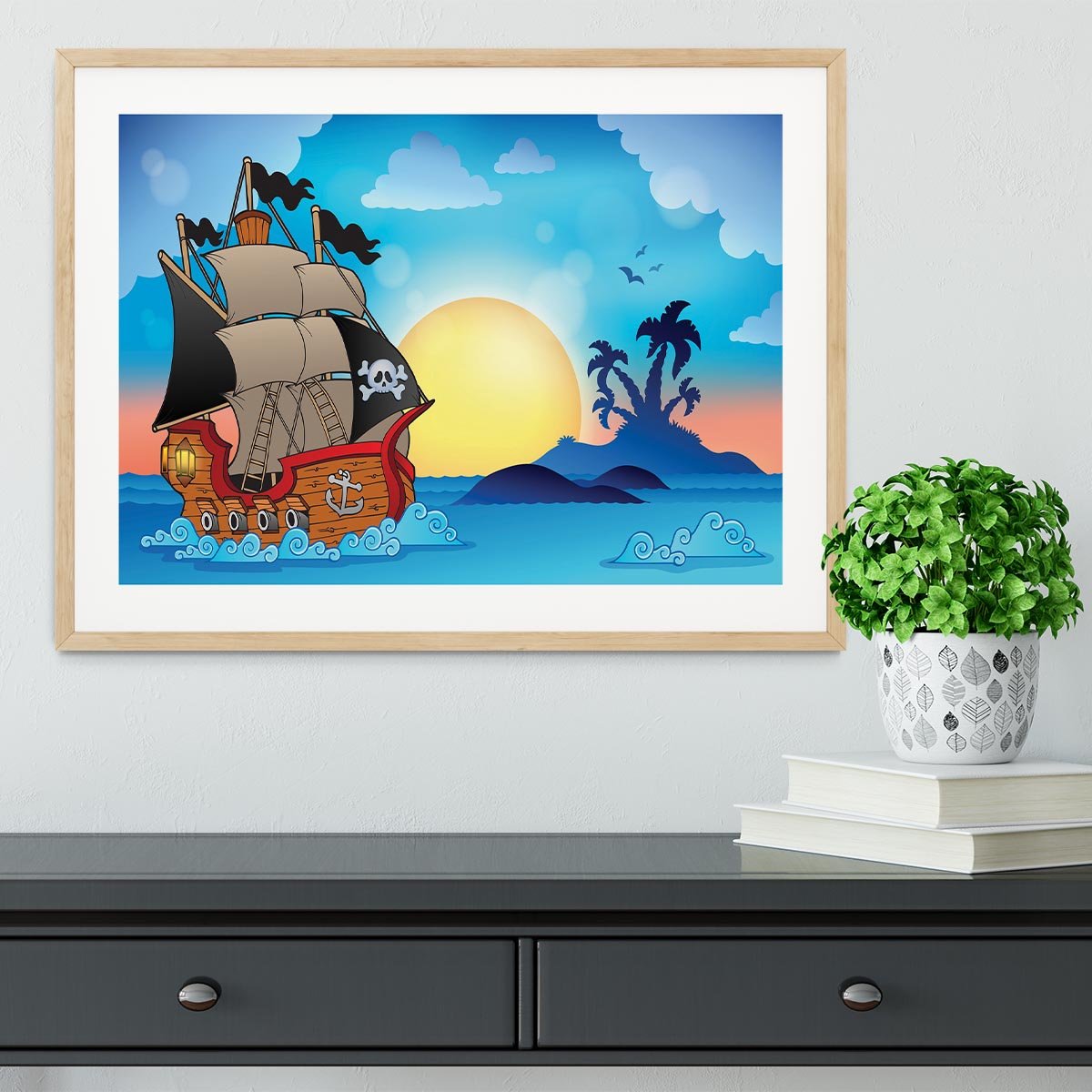 Pirate ship near small island Framed Print - Canvas Art Rocks - 3