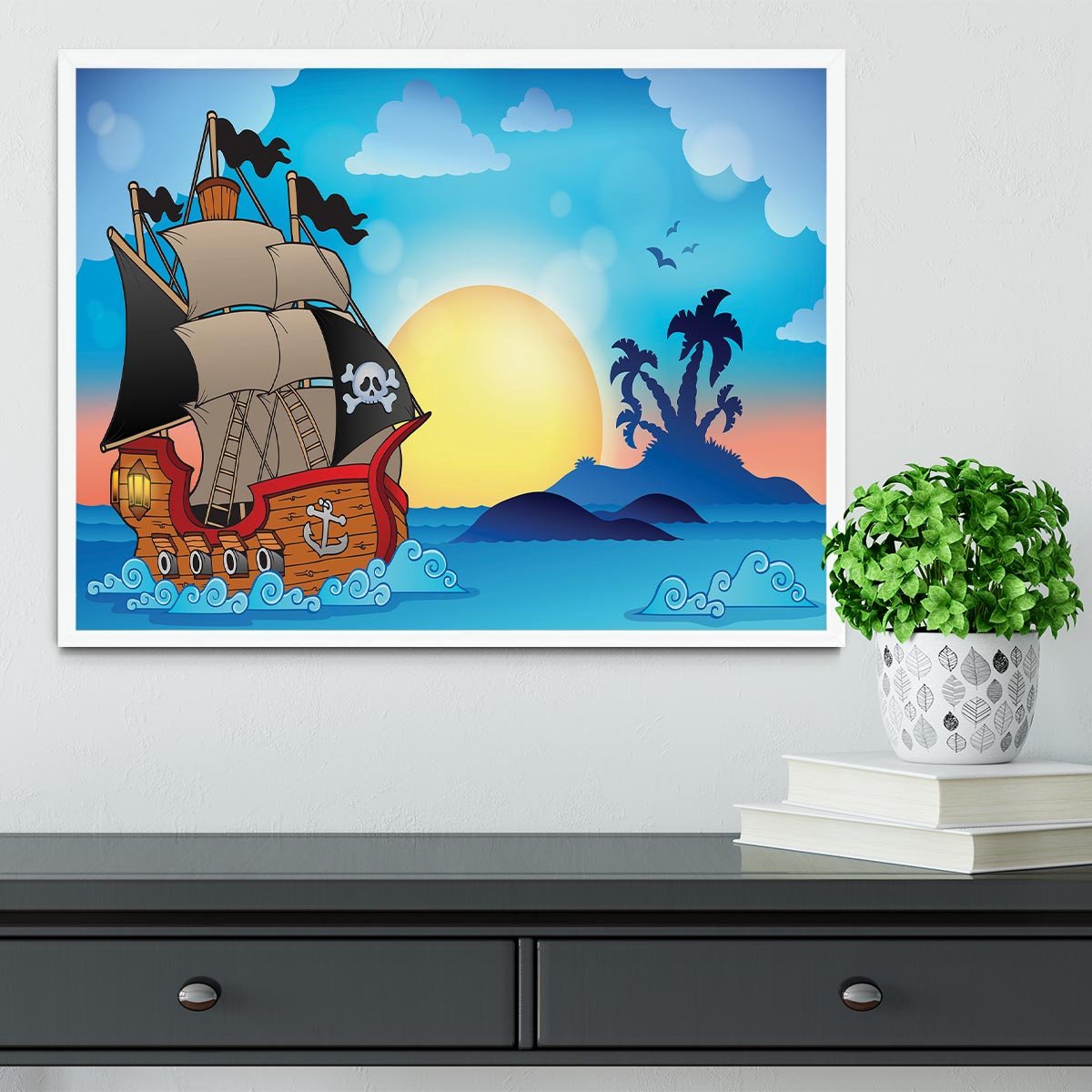 Pirate ship near small island Framed Print - Canvas Art Rocks -6