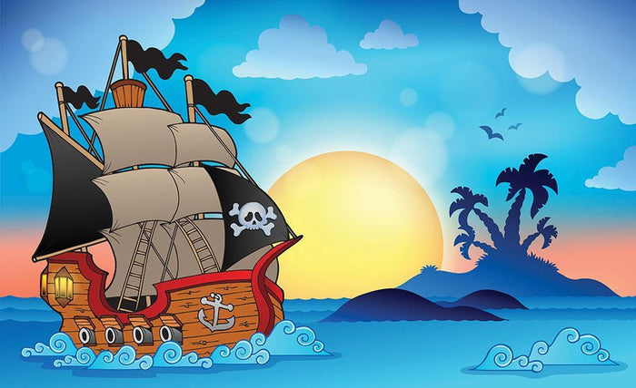 Pirate ship near small island Wall Mural Wallpaper