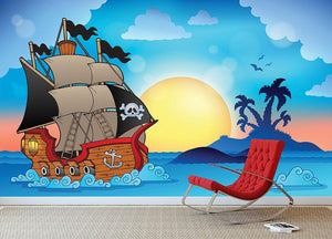 Pirate ship near small island Wall Mural Wallpaper - Canvas Art Rocks - 3