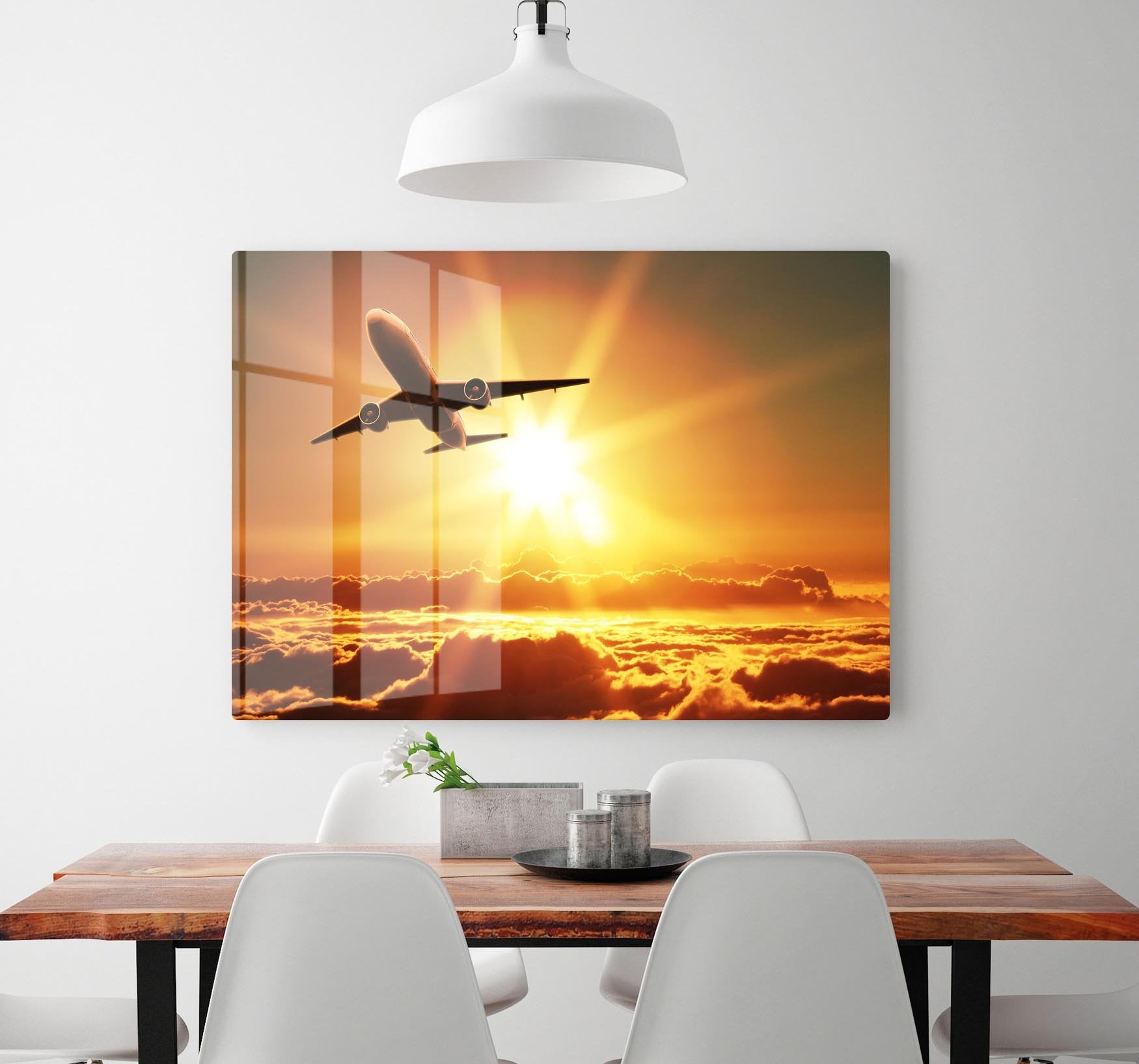 Plane takes off at sunrise HD Metal Print