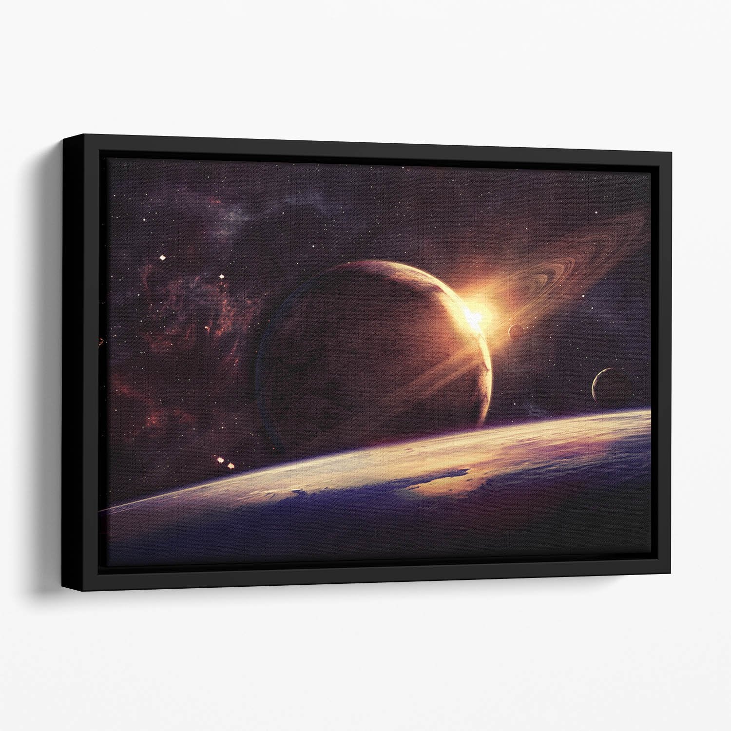 Planets over the nebulae in space Floating Framed Canvas