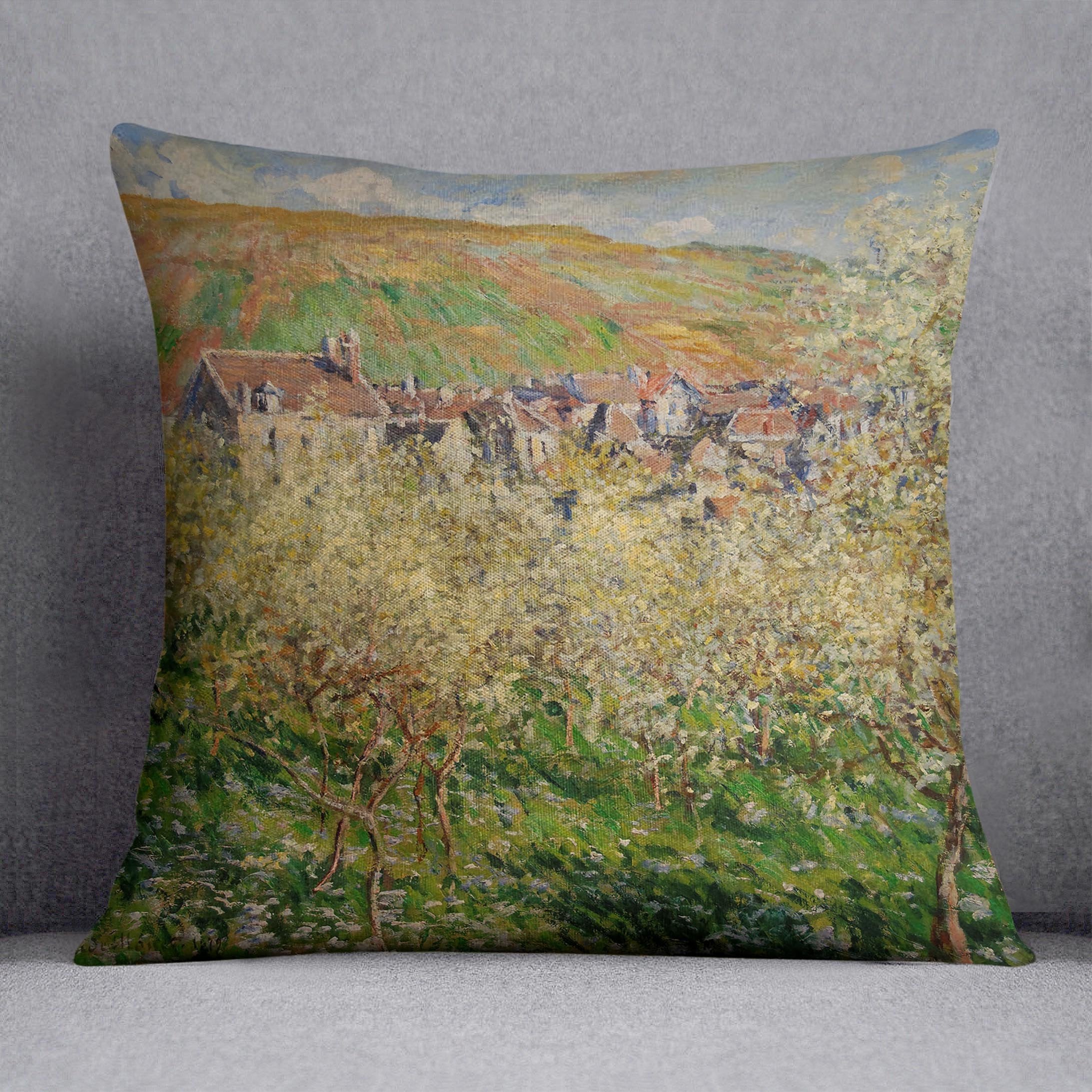 Plum trees in blossom by Monet Throw Pillow