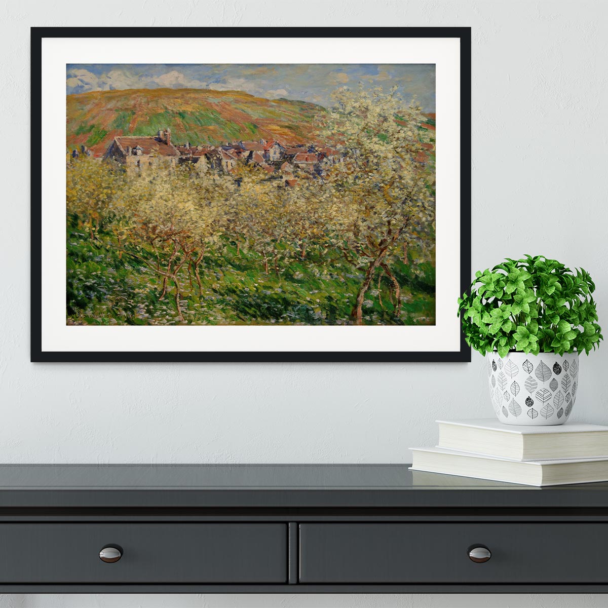 Plum trees in blossom by Monet Framed Print - Canvas Art Rocks - 1