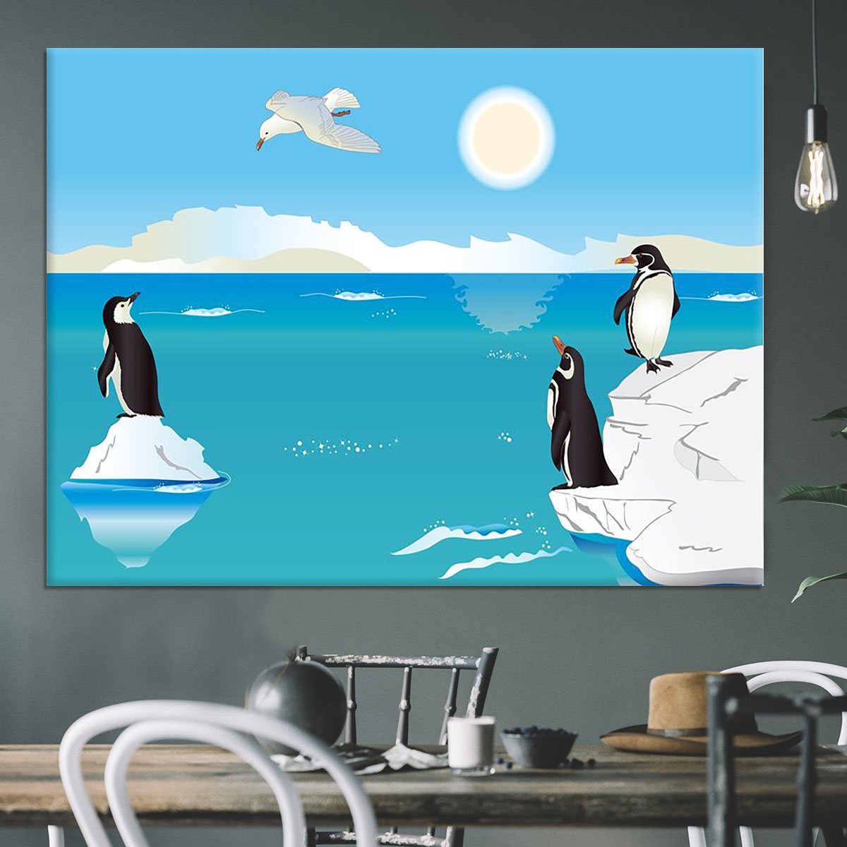 Polar scenery with penguins and sea gull Canvas Print or Poster