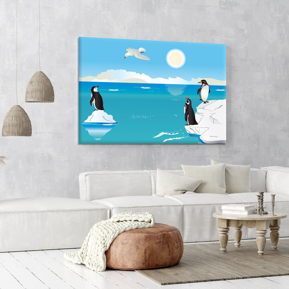 Polar scenery with penguins and sea gull Canvas Print or Poster
