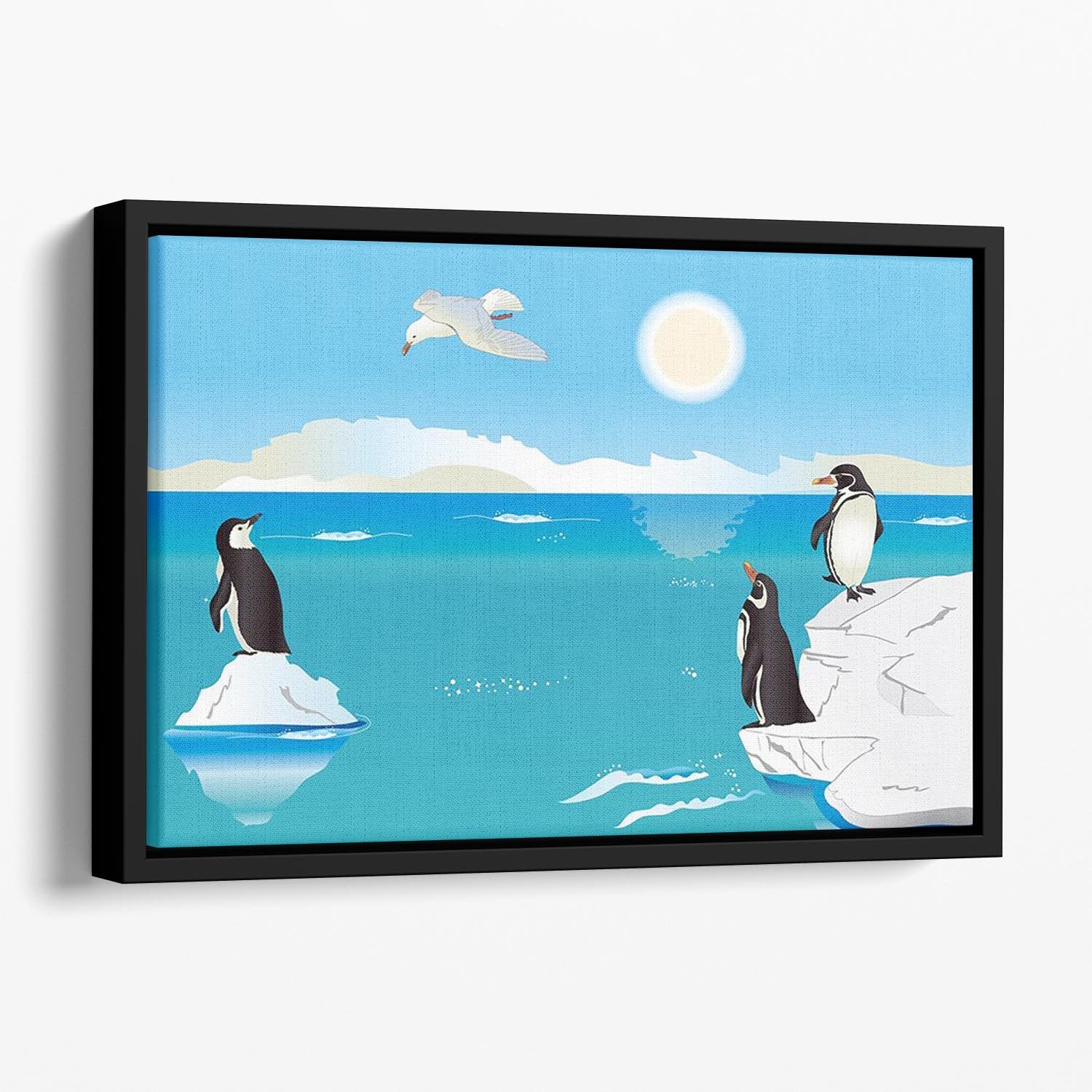 Polar scenery with penguins and sea gull Floating Framed Canvas - Canvas Art Rocks - 1
