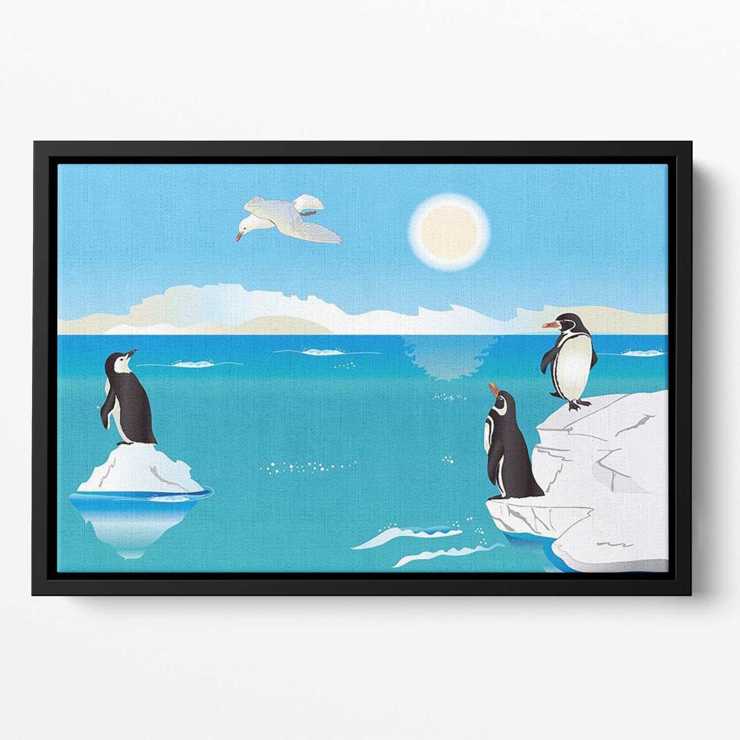 Polar scenery with penguins and sea gull Floating Framed Canvas - Canvas Art Rocks - 2