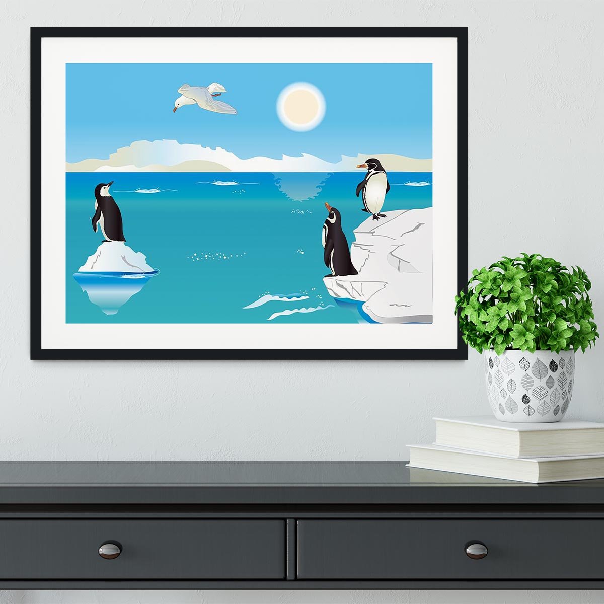 Polar scenery with penguins and sea gull Framed Print - Canvas Art Rocks - 1