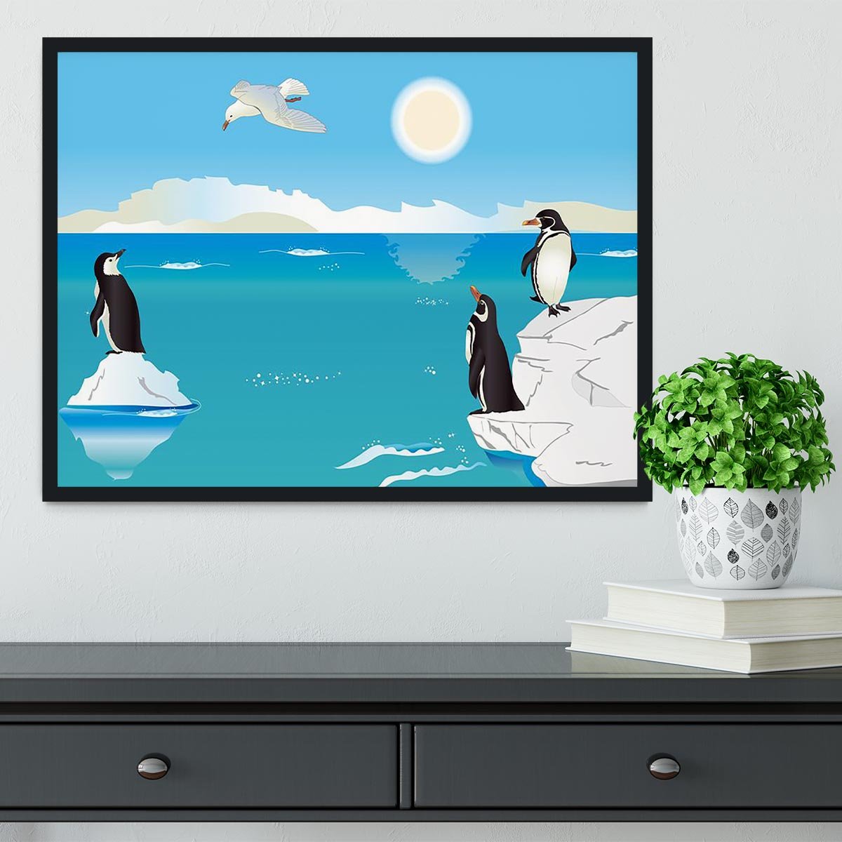 Polar scenery with penguins and sea gull Framed Print - Canvas Art Rocks - 2
