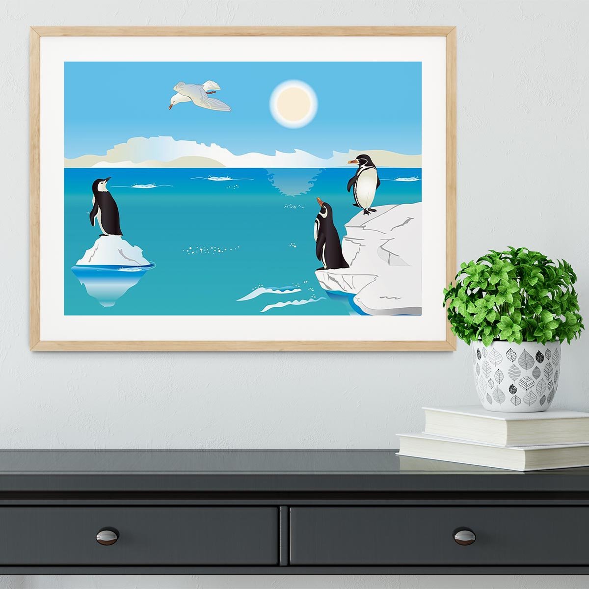 Polar scenery with penguins and sea gull Framed Print - Canvas Art Rocks - 3