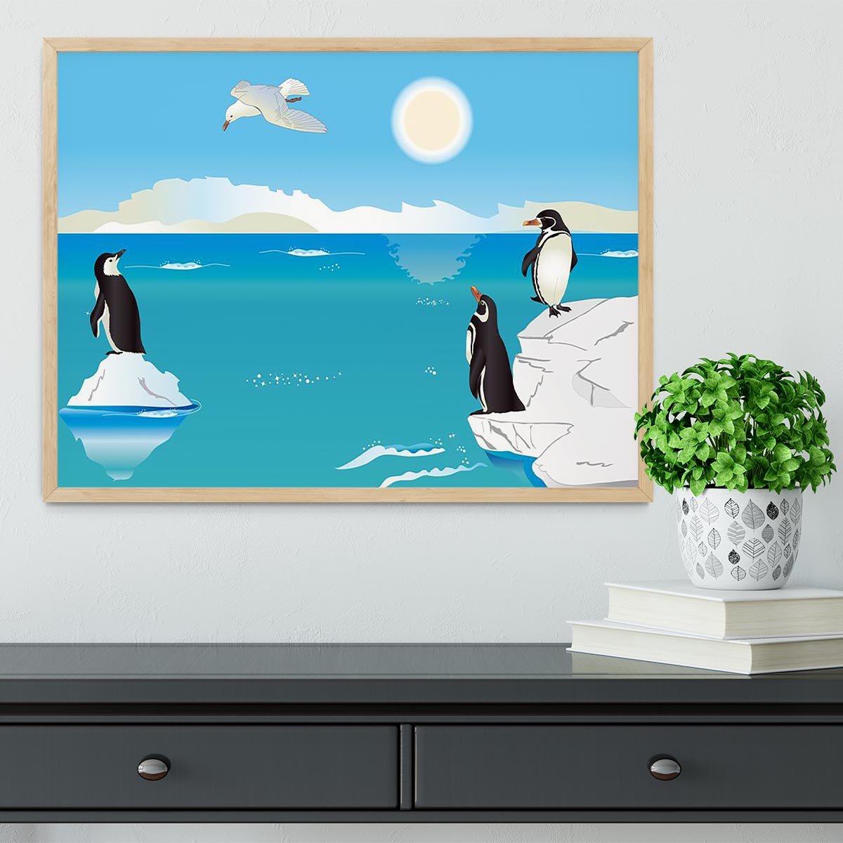Polar scenery with penguins and sea gull Framed Print - Canvas Art Rocks - 4
