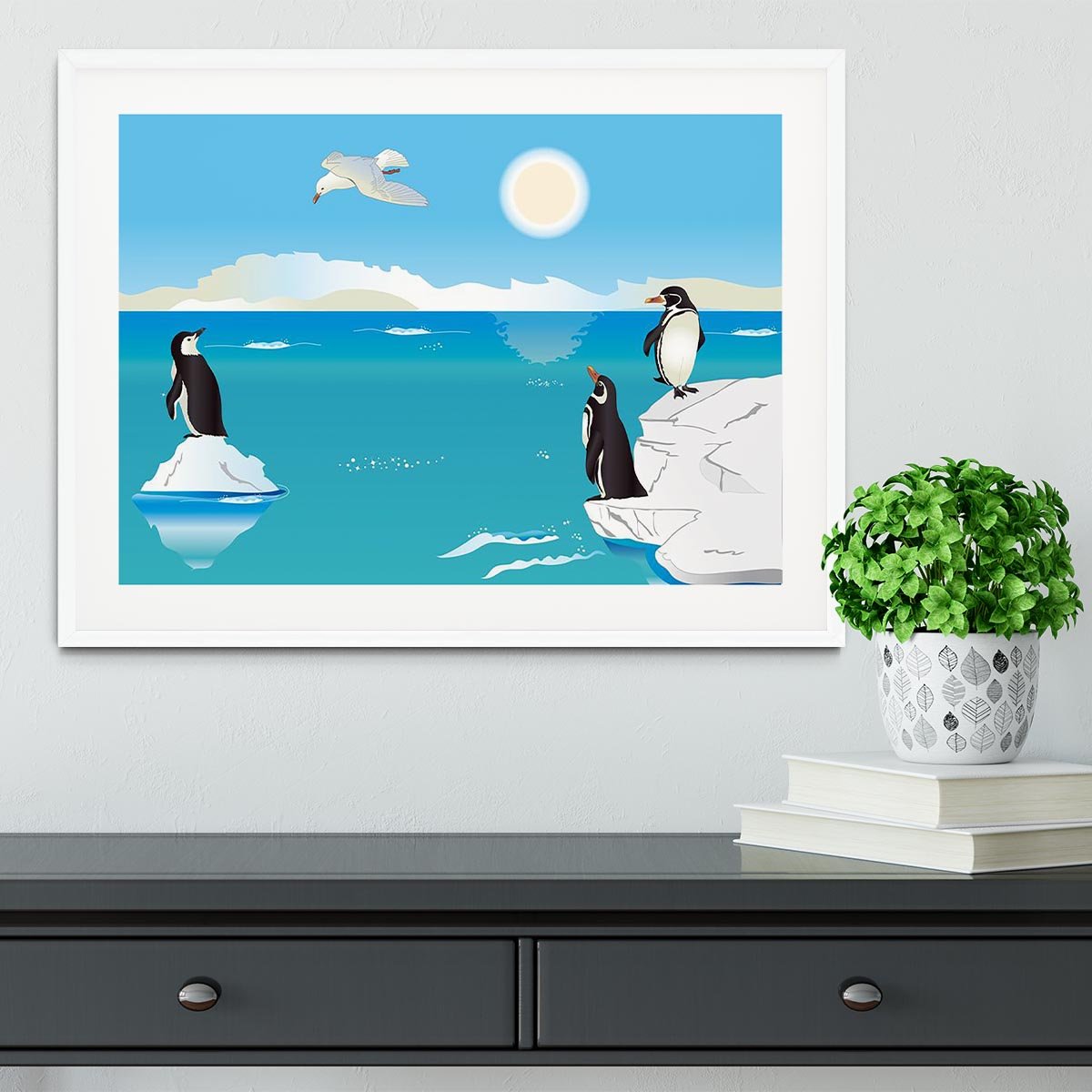 Polar scenery with penguins and sea gull Framed Print - Canvas Art Rocks - 5