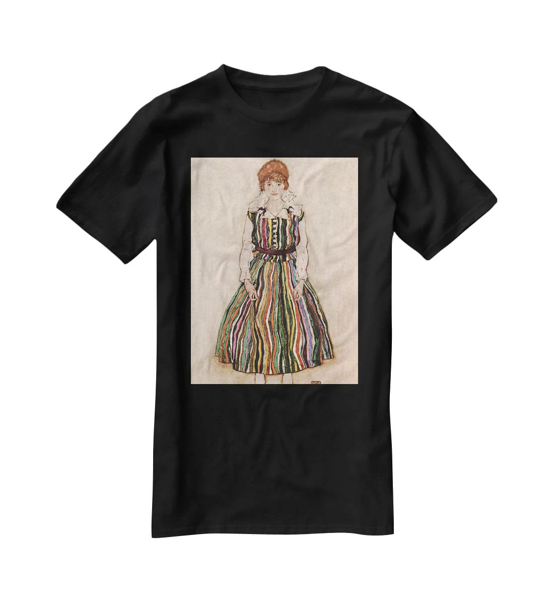 Portrait of Edith Egon Schiele in a striped dress by Egon Schiele T-Shirt - Canvas Art Rocks - 1