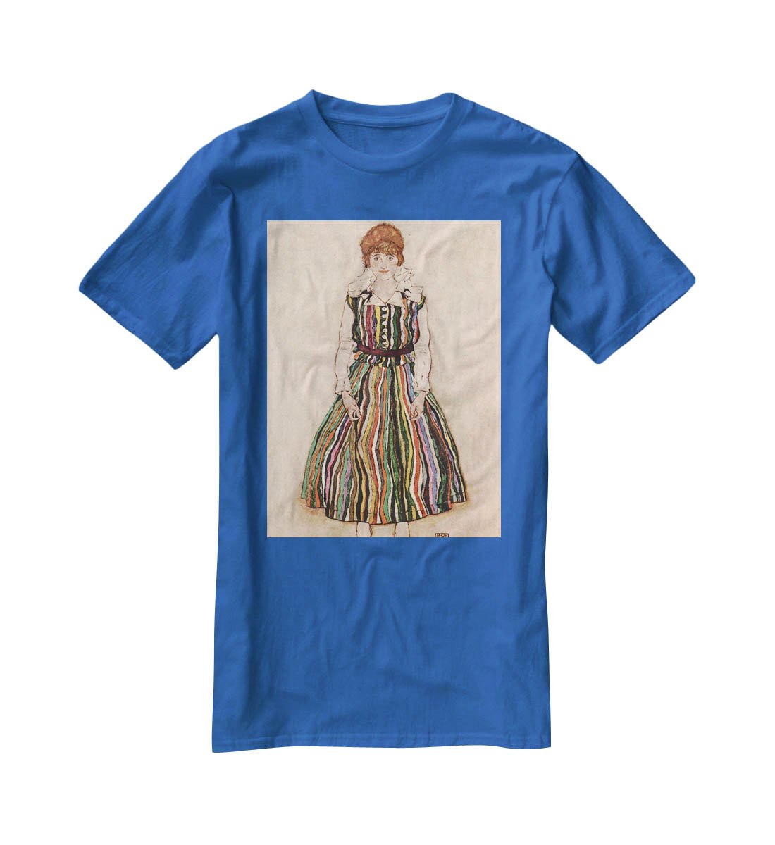 Portrait of Edith Egon Schiele in a striped dress by Egon Schiele T-Shirt - Canvas Art Rocks - 2