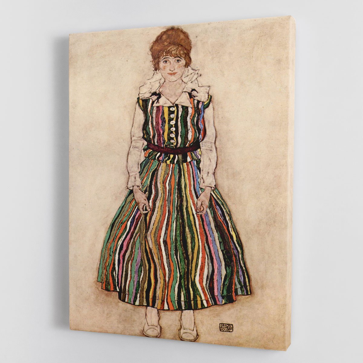 Portrait of Edith Egon Schiele in a striped dress by Egon Schiele Canvas Print or Poster
