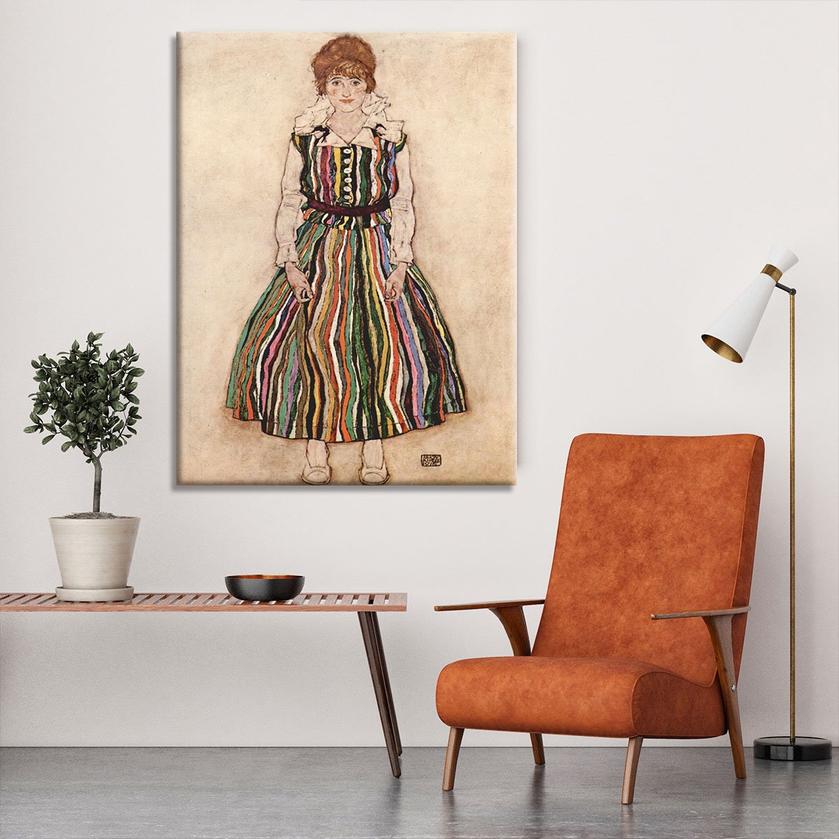Portrait of Edith Egon Schiele in a striped dress by Egon Schiele Canvas Print or Poster