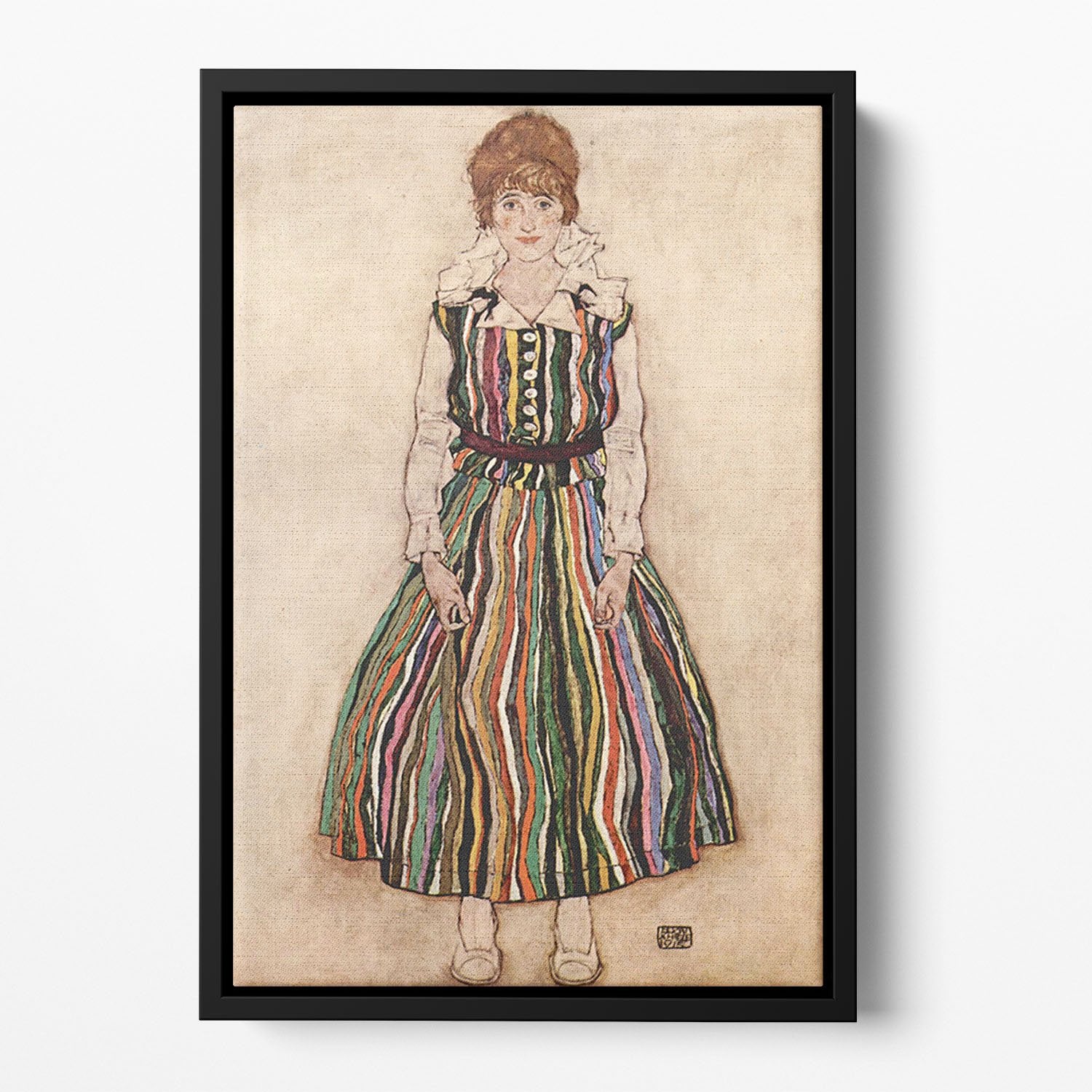 Portrait of Edith Egon Schiele in a striped dress by Egon Schiele Floating Framed Canvas