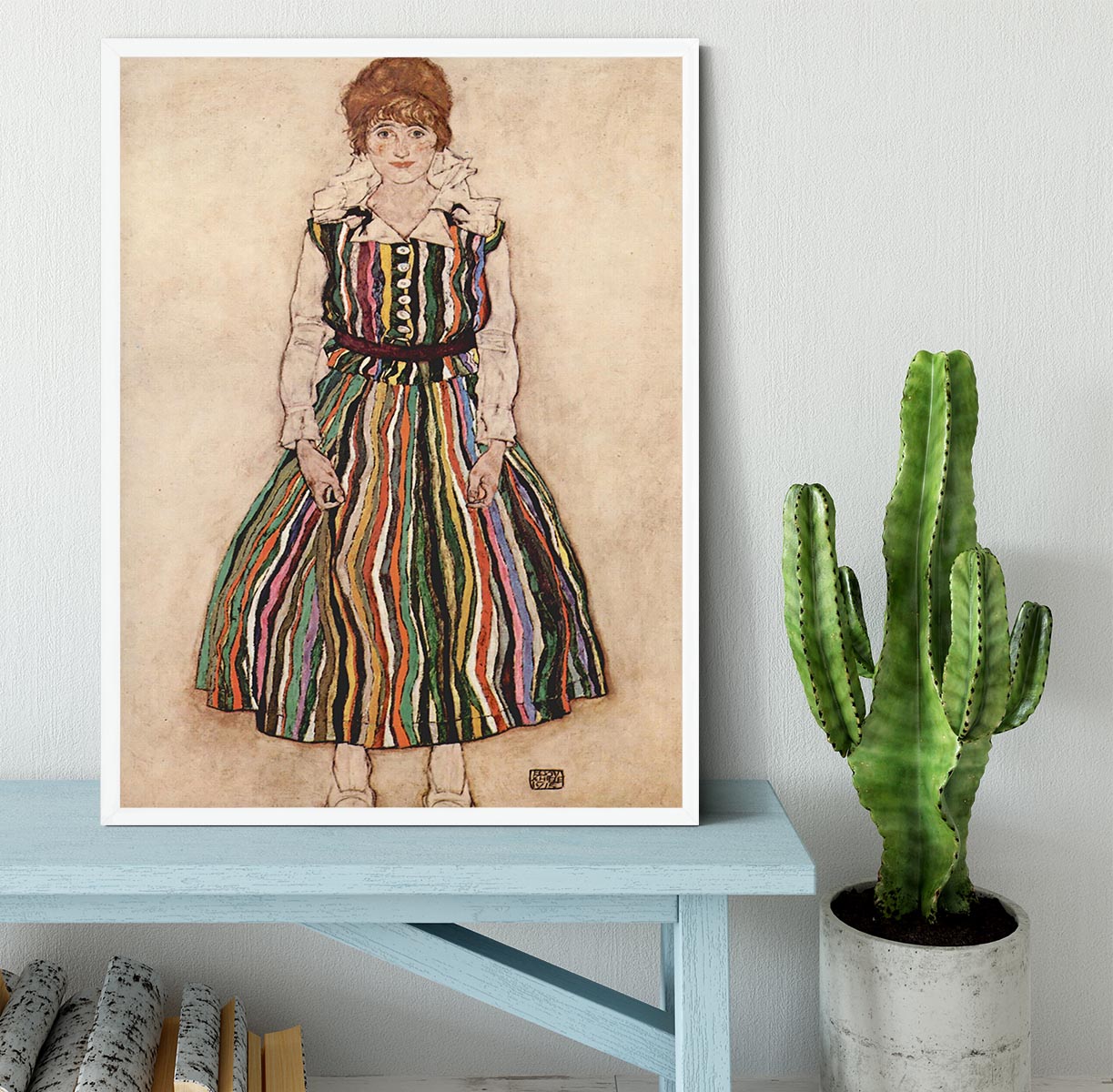 Portrait of Edith Egon Schiele in a striped dress by Egon Schiele Framed Print - Canvas Art Rocks -6