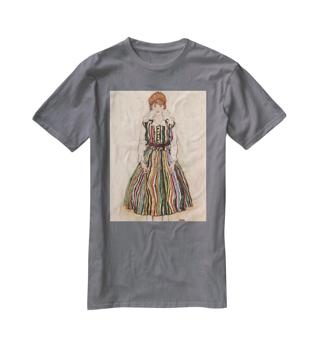 Portrait of Edith Egon Schiele in a striped dress by Egon Schiele T-Shirt - Canvas Art Rocks - 3