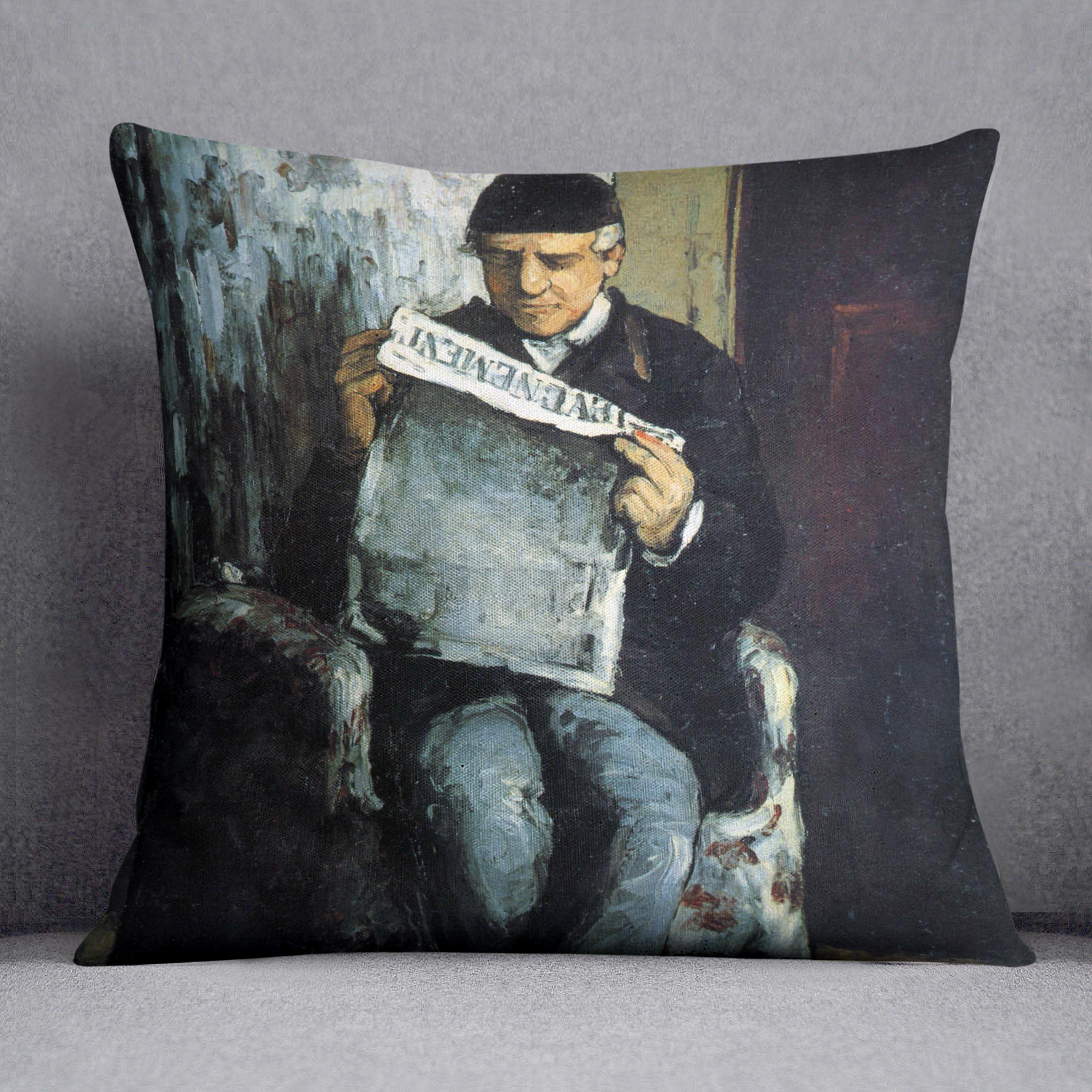Portrait of Louis-Auguste Cezanne the father of the artist reading from L'EvÇnement by Cezanne Cushion - Canvas Art Rocks - 1