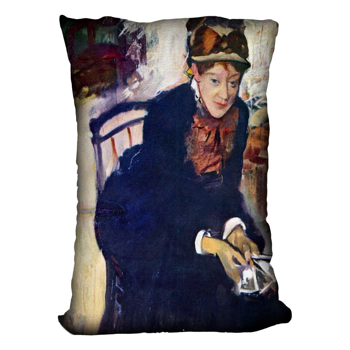 Portrait of Miss Cassatt holding the cards by Degas Cushion