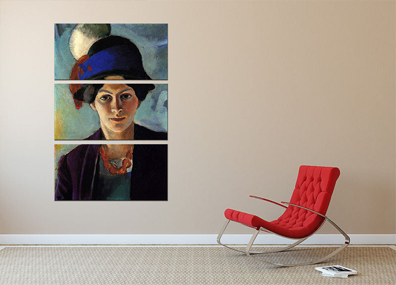 Portrait of the wife of the artist with a hat by Macke 3 Split Panel Canvas Print - Canvas Art Rocks - 2