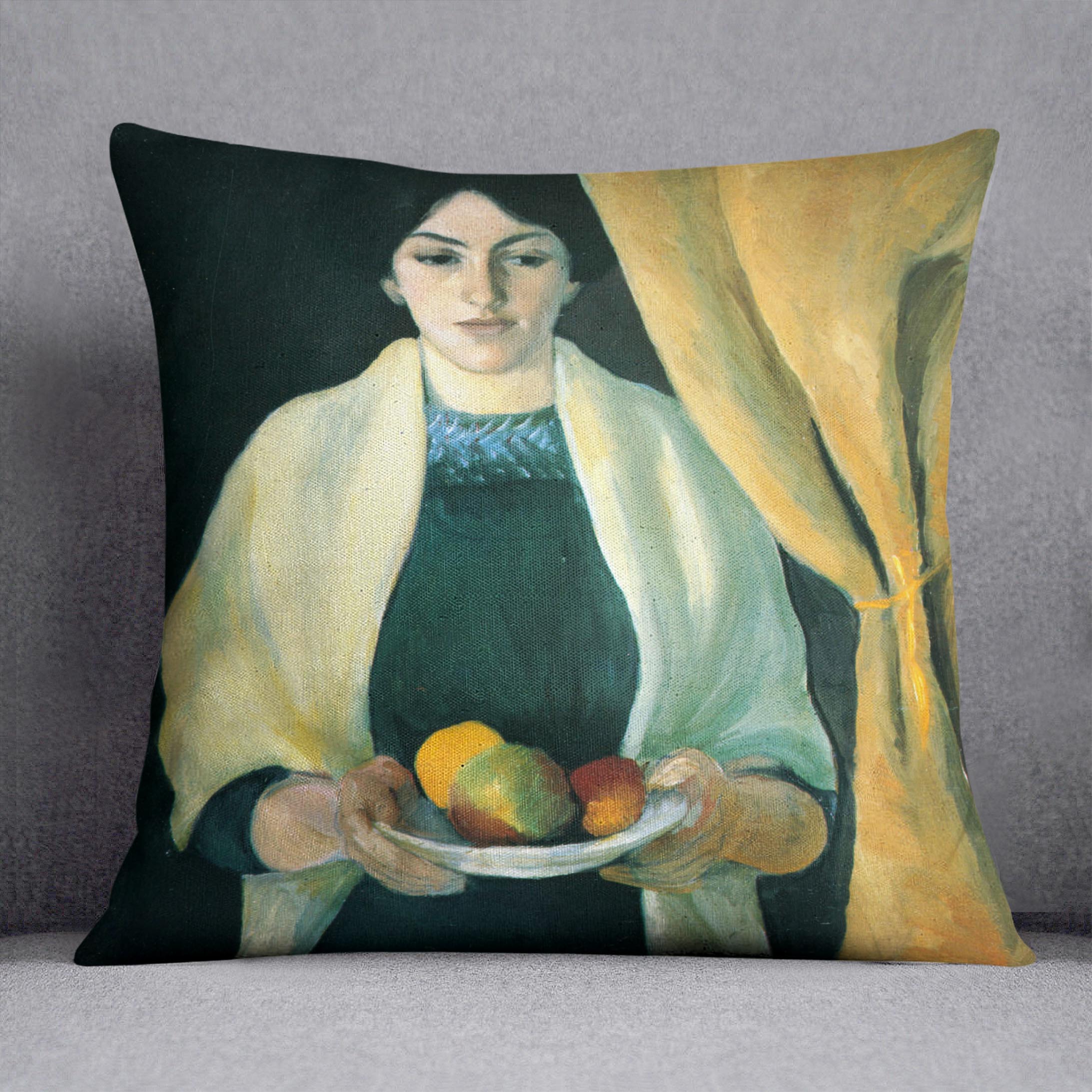Portrait with apples portrait of the wife of the artist by Macke Cushion - Canvas Art Rocks - 1