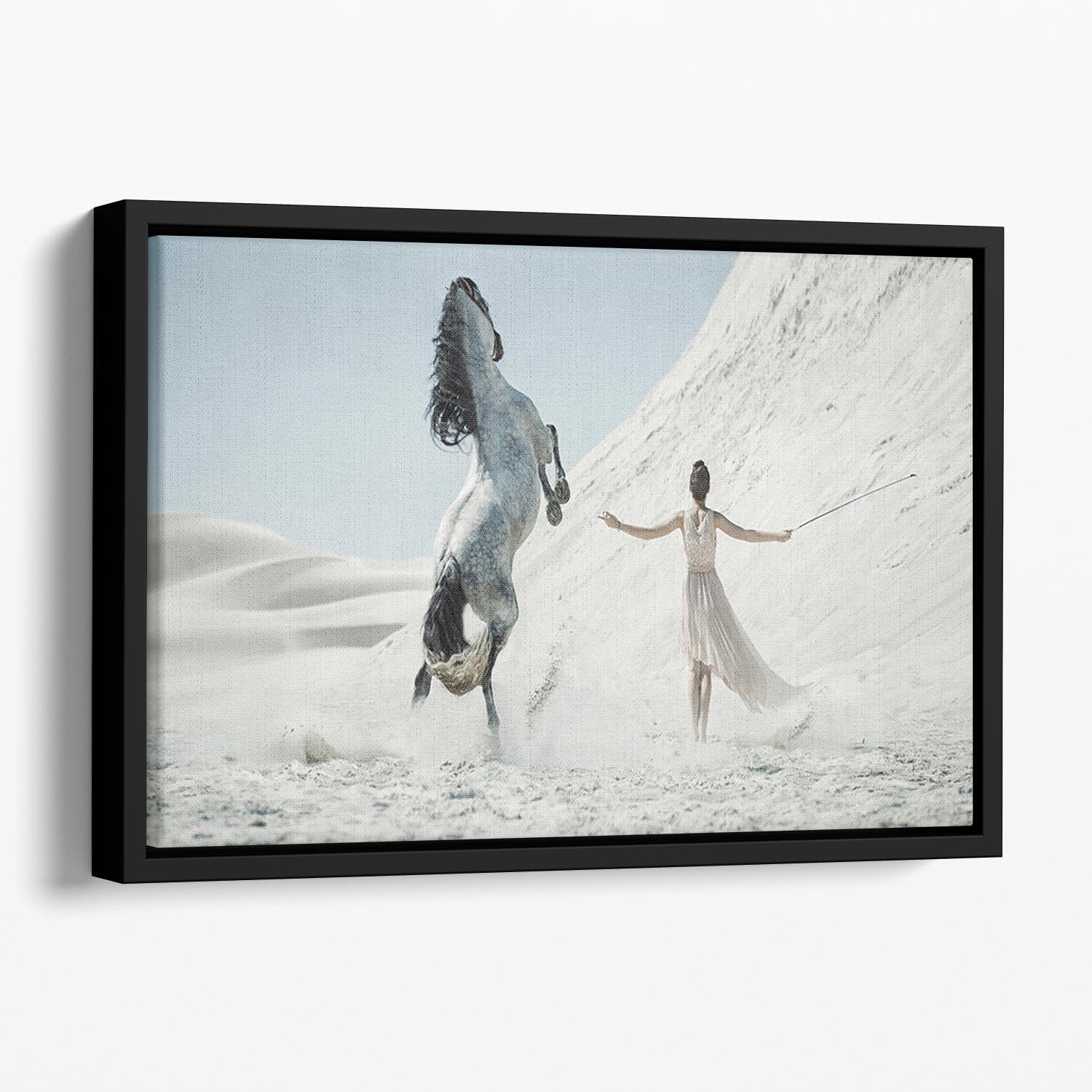 Pretty lady with white horse on the desert Floating Framed Canvas - Canvas Art Rocks - 1