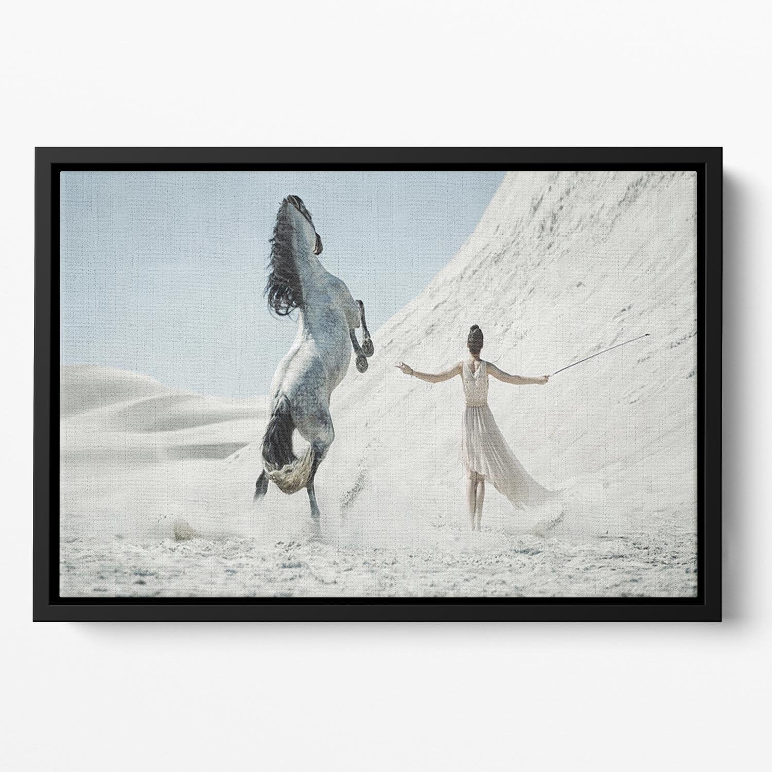 Pretty lady with white horse on the desert Floating Framed Canvas - Canvas Art Rocks - 2