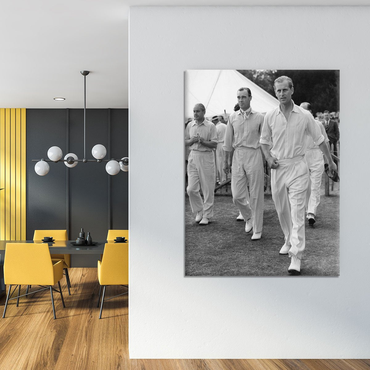 Prince Philip leading his cricket team onto the field Canvas Print or Poster