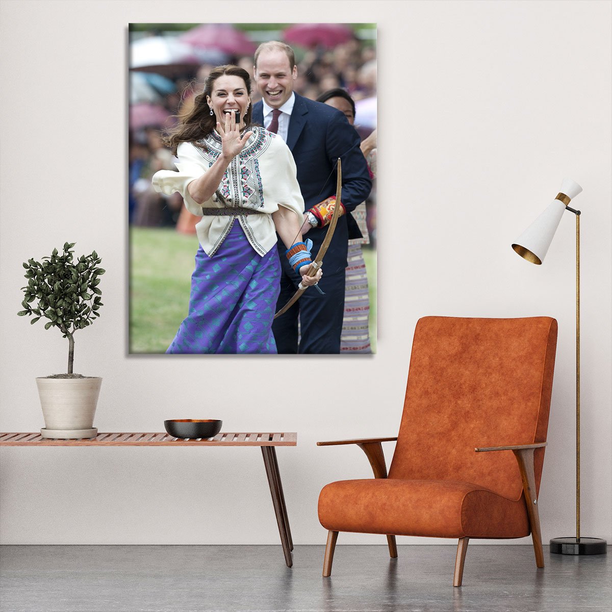 Prince William and Kate laughing trying archery in Bhutan Canvas Print or Poster