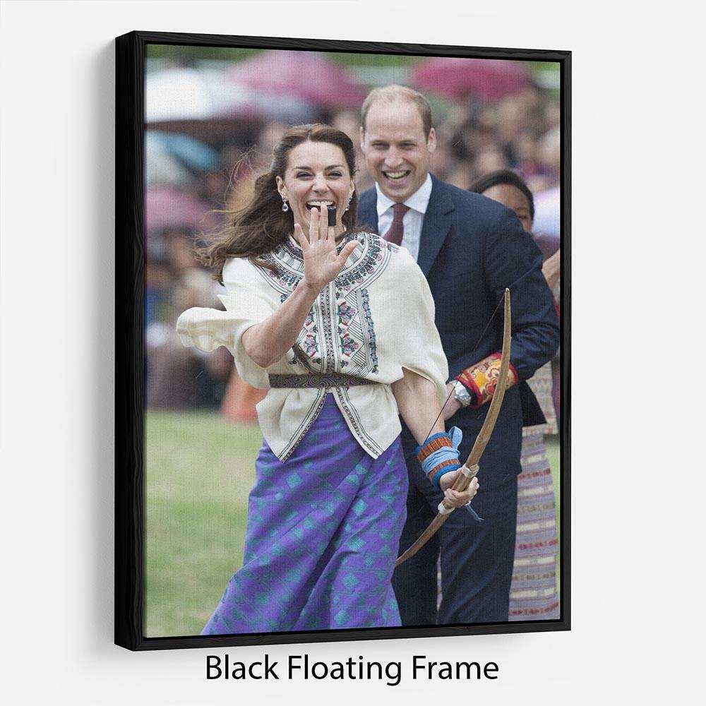 Prince William and Kate laughing trying archery in Bhutan Floating Frame Canvas