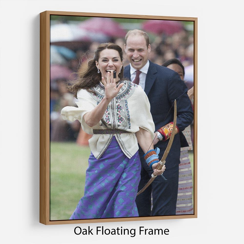 Prince William and Kate laughing trying archery in Bhutan Floating Frame Canvas
