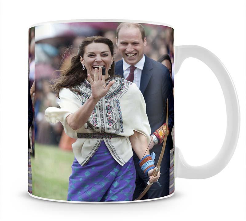 Prince William and Kate laughing trying archery in Bhutan Mug - Canvas Art Rocks - 1