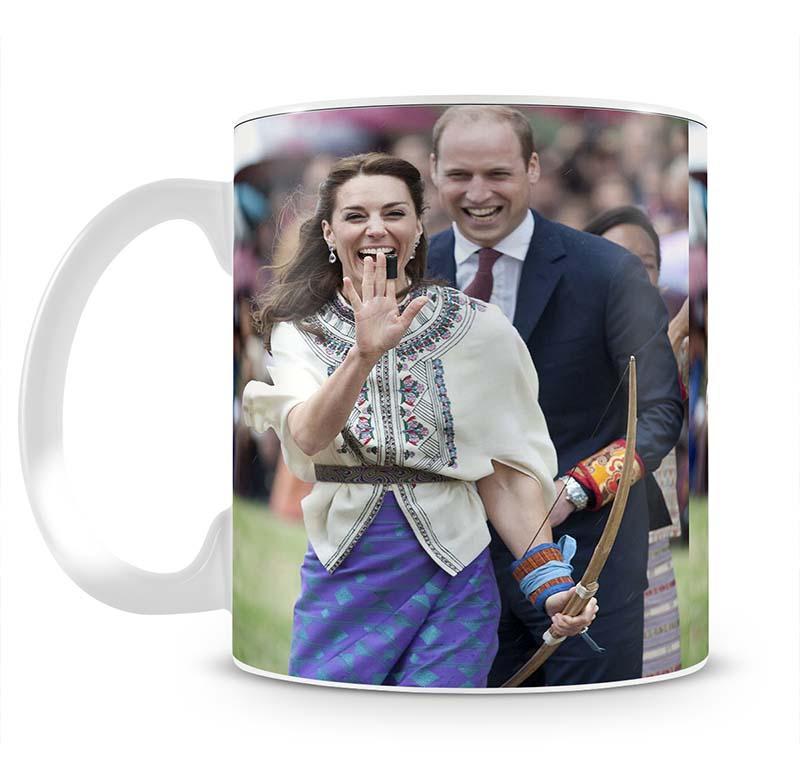 Prince William and Kate laughing trying archery in Bhutan Mug - Canvas Art Rocks - 2