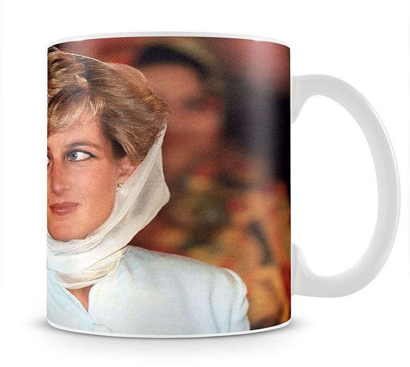Princess Diana in Lahore wearing a white headscarf Mug - Canvas Art Rocks - 1