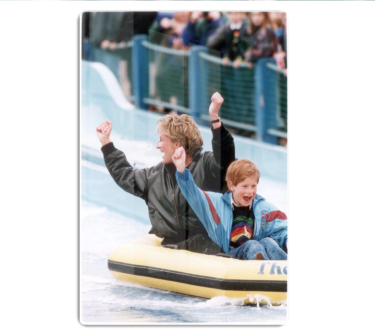Princess Diana with Prince Harry on a water ride HD Metal Print