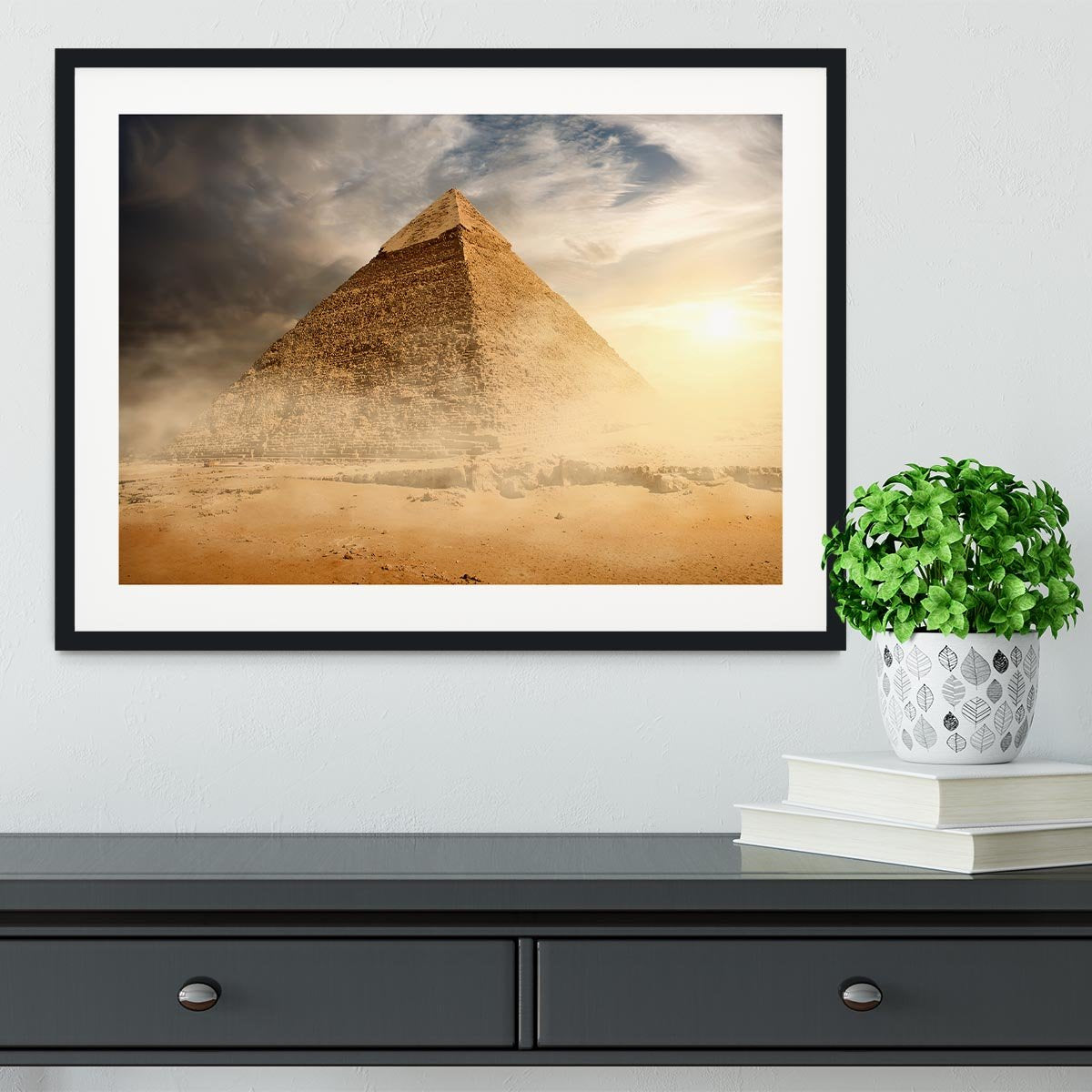 Pyramid in sand dust under clouds Framed Print - Canvas Art Rocks - 1