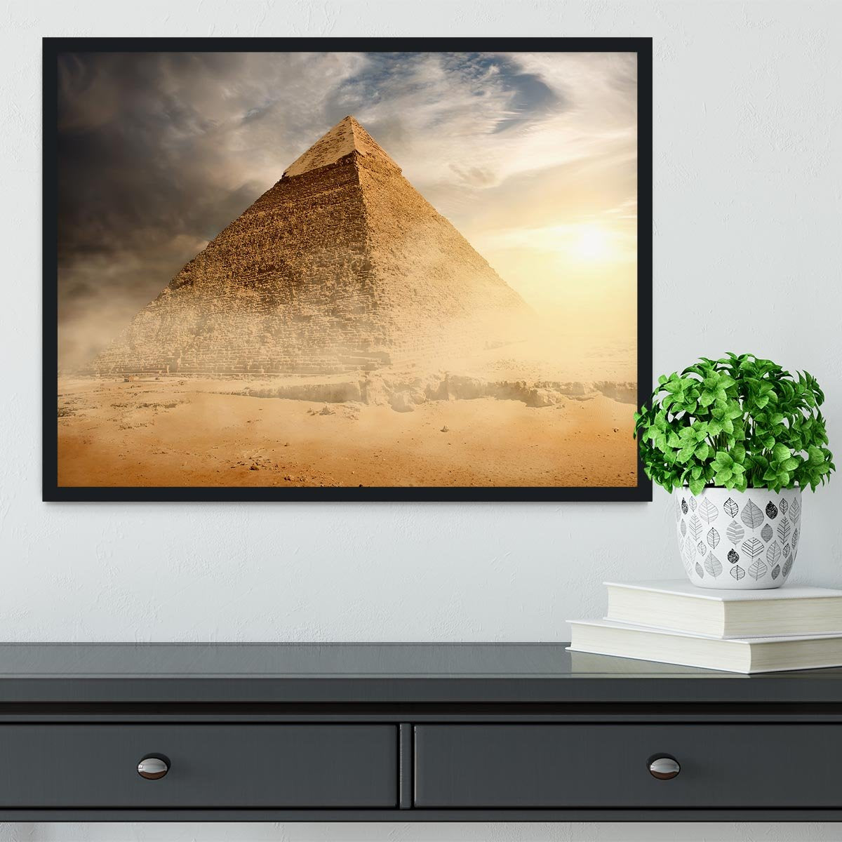 Pyramid in sand dust under clouds Framed Print - Canvas Art Rocks - 2